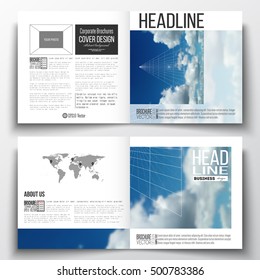 Set of square design brochure template. Beautiful blue sky, abstract geometric background with white clouds, leaflet cover, business layout, vector illustration