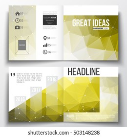 Set of square design brochure template. Molecular construction with connected lines and dots, scientific pattern on abstract yellow polygonal background, modern stylish triangle vector texture