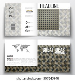 Set of square design brochure template. Islamic gold pattern with overlapping geometric shapes forming abstract ornament. Vector stylish golden texture on black background.