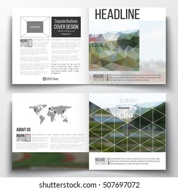 Set of square design brochure template. Polygonal background, blurred image, park landscape, modern stylish vector texture