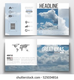 Set of square design brochure template. Beautiful blue sky, abstract background with white clouds, leaflet cover, business layout, vector illustration