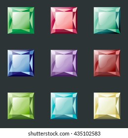 Set of square different color crystals, gemstones, gems, diamonds. Vector gui assets collection for game design isolated on dark background.