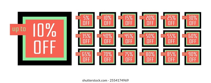 Set of square discount labels with orange, green and black colors. Up to 5, 10, 15, 20, 25, 30, 35, 40, 45, 50, 55, 60, 65, 70, 75, 80, 85, 90 percent off.