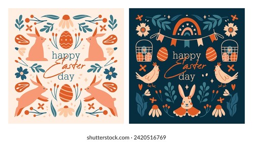 Juego de tarjetas cuadradas de Pascua, banners, plantillas de invitación. Feliz Día de Pascua. Ilustraciones vectoriales con conejo de Pascua, conejo, huevo, gallina, flor, planta, bayas, banderas de amarre, arcoiris, letras, texto.