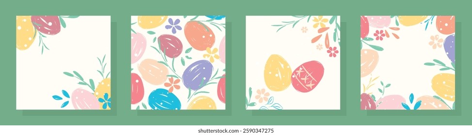 Set of square Easter cards. Card templates in single style. Square layout beige color with eggs, flowers and herbs. Social network post, poster, flyer, advertising, brochure. Vector graphics