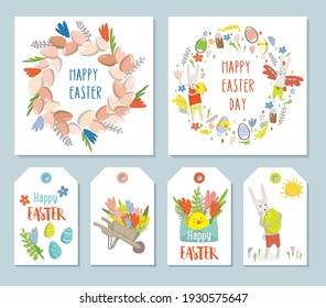 Set square easter cards, gift tags and labels. Wreath off easter egg, easter bunnies, flowers, spring clipart. Easter elements. Cute and modern vector illustration. For social media post greeting