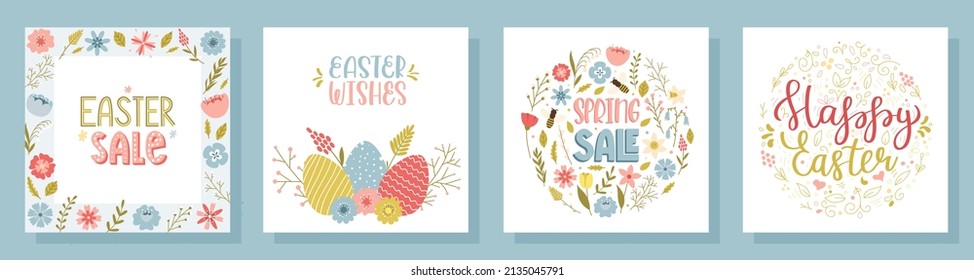 Un conjunto de tarjetas de felicitación cuadradas de Pascua con letras a mano. Con un marco floral con flores primaverales, ramas, hierbas, huevos de Pascua. Ilustraciones vectoriales en un lindo estilo de dibujos animados sobre un fondo blanco