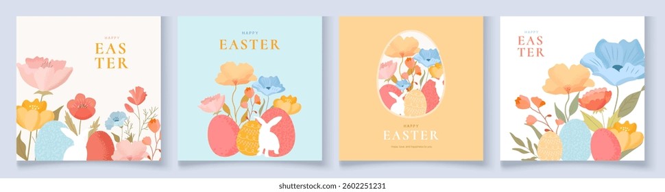 Set of square Easter greeting cards in a fresh, modern style. Soft pastel shades, cute bunny, eggs, and spring flowers. Great for postcards, posters, online ads, and social media graphics.