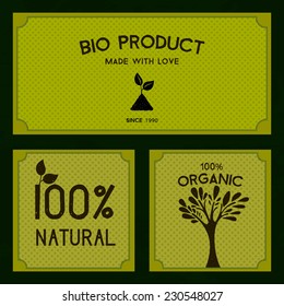 Set of square eco vector badges with leaves and tree. Text on labels: 100% natural, organic, bio product.