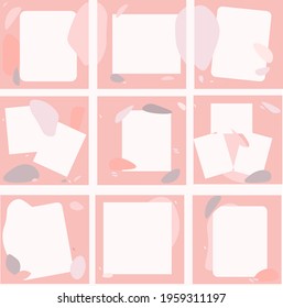 A set of square editable banner templates. Pink and soft purple background with texture of different shapes. Suitable for social media posts and web advertising on the Internet. Vector illustration