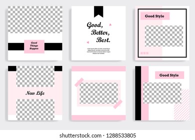 Set of square editable social media post template banner in black, white and pink color.