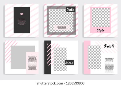 Set of square editable social media post template banner in black, white and pink color.