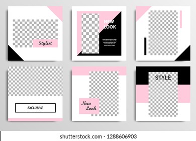 Set of square editable social media post template banner in black, white and pink color.