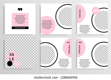 Set of square editable social media post template banner in black, white and pink color.