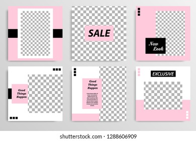 Set of square editable social media post template banner in black, white and pink color.