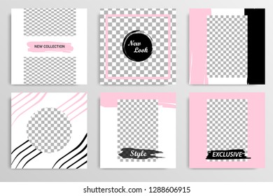 Set of square editable social media post template banner in black, white and pink color.