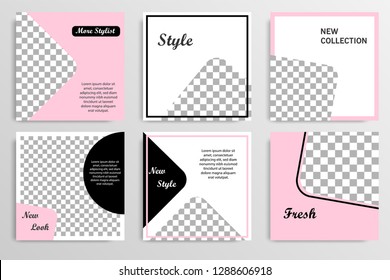 Set of square editable social media post template banner in black, white and pink color.