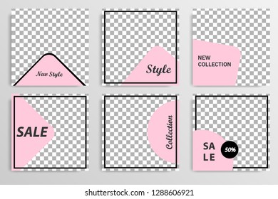 Set of square editable social media post template banner in black, white and pink color.