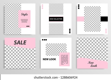 Set of square editable social media post template banner in black, white and pink color.
