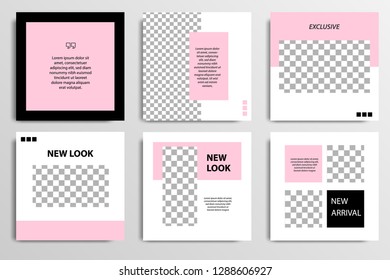 Set of square editable social media post template banner in black, white and pink color.