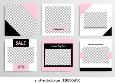 Set of square editable social media post template banner in black, white and pink color.
