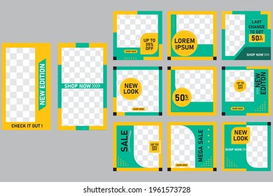 conjunto de plantillas de medios sociales editables cuadradas, publicación de medios sociales para moda, plantilla de medios sociales para moda, color de fondo negro y amarillo con forma de línea de banda