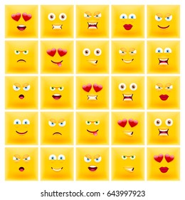 Set of Square Emoticons. Set of Square Emojis. Smile icons. Isolated vector illustration on white background
