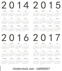 Set of square european 2014, 2015, 2016, 2017 year vector calendars. Week starts from Monday.