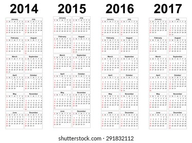 Set von quadratischen europäischen Vektorkalendern für 2014, 2015, 2016, 2017.