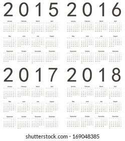 Set of square european 2015, 2016, 2017, 2018 year vector calendars. Week starts from Monday.