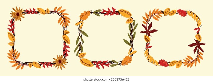 Conjunto de quadros de queda quadrados decorados com folhas de árvore caídas.