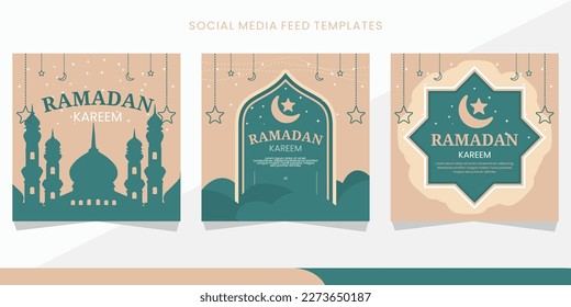 quadratischer Feed-Banner für Rmadan Kareem in Grün, und goldener Hintergrund Farbe mit Mond, Sternen, islamischer Moschee. für Social Media Feed oder Post. eps10
