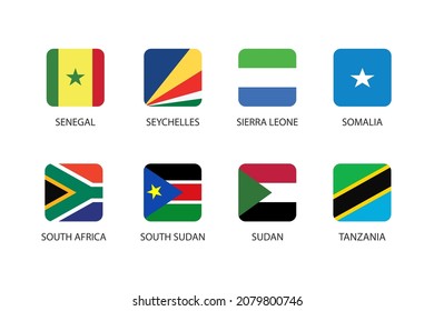 Set of square flag in Africa countries isolated on white background. Set of Senegal, Seychelles, Sierra Leone, Somalia, South Africa, South Sudan, Sudan and Tanzania.