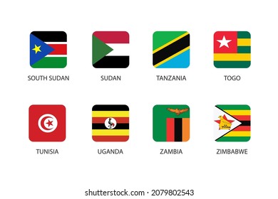 Juego de banderas cuadradas en países africanos aislados en un fondo blanco. Conjunto de Sudán del Sur, Sudán, Tanzania, Togo, Túnez, Uganda, Zambia y Zimbabwe.