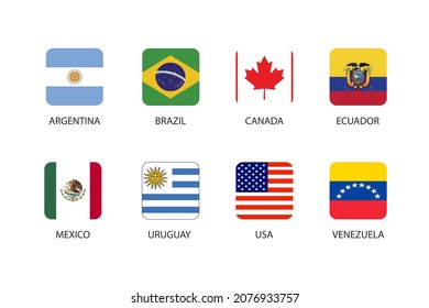Conjunto de banderas cuadradas en Estados Unidos aisladas en fondo blanco. Grupo de Estados de la Argentina, el Brasil, el Canadá, el Ecuador, los Estados Unidos de América, México, el Uruguay y Venezuela.