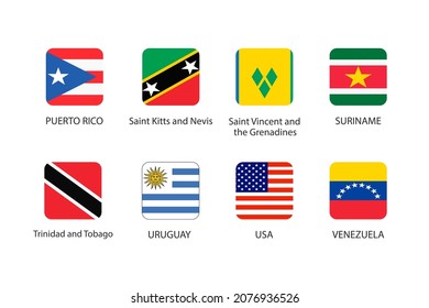 Set of square flag in America isolated on white background. Set of Puerto Rico, Saint Kitts and Nevis, Saint Vincent and the Grenadines, Suriname, Trinidad and Tobago, Uruguay, USA and Venezuela.