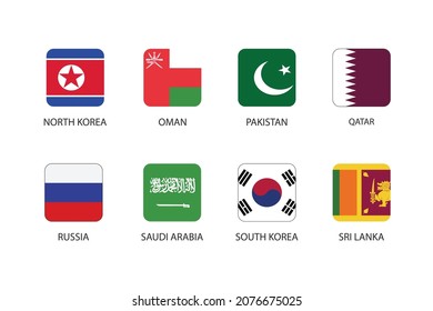 Set of square flag in Asia countries isolated on white background. Set of North Korea, Oman, Pakistan, Qatar, Russia, Saudi Arabia, South Korea and Sri Lanka.