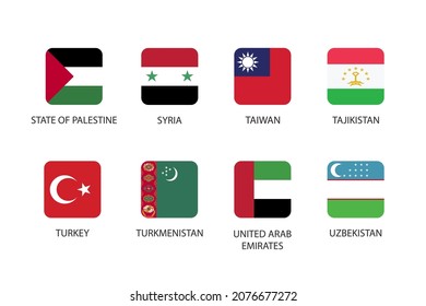 Set of square flag in Asia countries isolated on white background. Set of State of Palestine, Syria, Taiwan, Tajikistan, Turkey, Turkmenistan, United Arab Emirates and Uzbekistan.