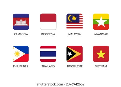 Set of square flag in Asia isolated on white background. Set of Cambodia, Indonesia, Malaysia, Myanmar, Philippines, Thailand, Timor-Leste and Vietnam.