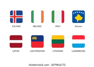 Set of square flag in Europe countries isolated on white background. Set of Iceland, Ireland, Italy, Kosovo, Latvia, Liechtenstein, Lithuania and Luxembourg.