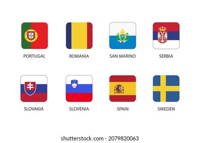 Set of square flag in Europe countries isolated on white background. Set of Portugal, Romania, San Marino, Serbia, Slovakia, Slovenia, Spain and Sweden.