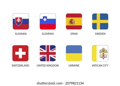 Juego de banderas cuadradas en los países europeos aislados en un fondo blanco. Conjunto de Eslovaquia, Eslovenia, España, Suecia, Suiza, Reino Unido, Ucrania y Ciudad del Vaticano.