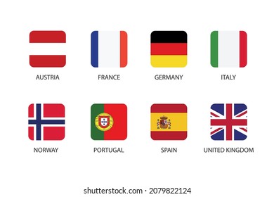 Set of square flag in Europe countries isolated on white background. Set of Austria, France, Germany, Italy, Norway, Portugal, Spain and United Kingdom.