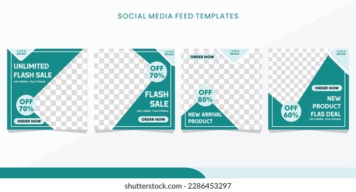set of square flash sale feed social media design. modern photo collage with tosca background color.eps10.