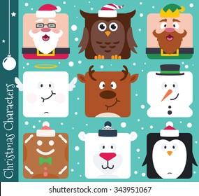 Set of square flat Christmas characters. Contain cute vector cartoon characters like santa claus, penguin, polar bear, elf, snowman, owl, angel, gingerbread man and reindeer.