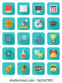 Set of square flat education icons with long shadows