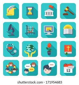 Set of square flat educational icons of different subjects and concepts