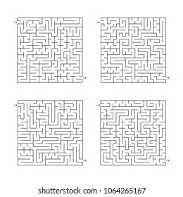 A set of square flat labyrinths. An interesting game for children. Simple flat vector illustration isolated on white background.