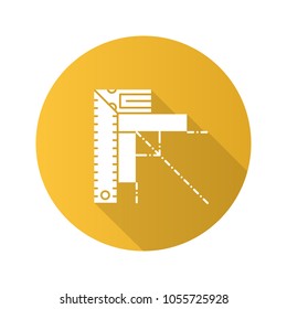 Set square flat linear long shadow icon. Angle measurement. Ruler with angle bar. Vector outline symbol