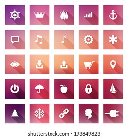Set of square flat style vector icons with long shadows over a blurry pink colorful background